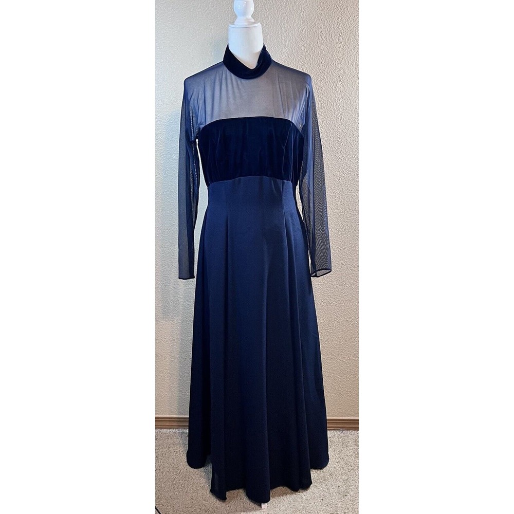 Vtg UNION MADE USA Size Small Empire Waist Navy Blue Maxi Dress High Neck